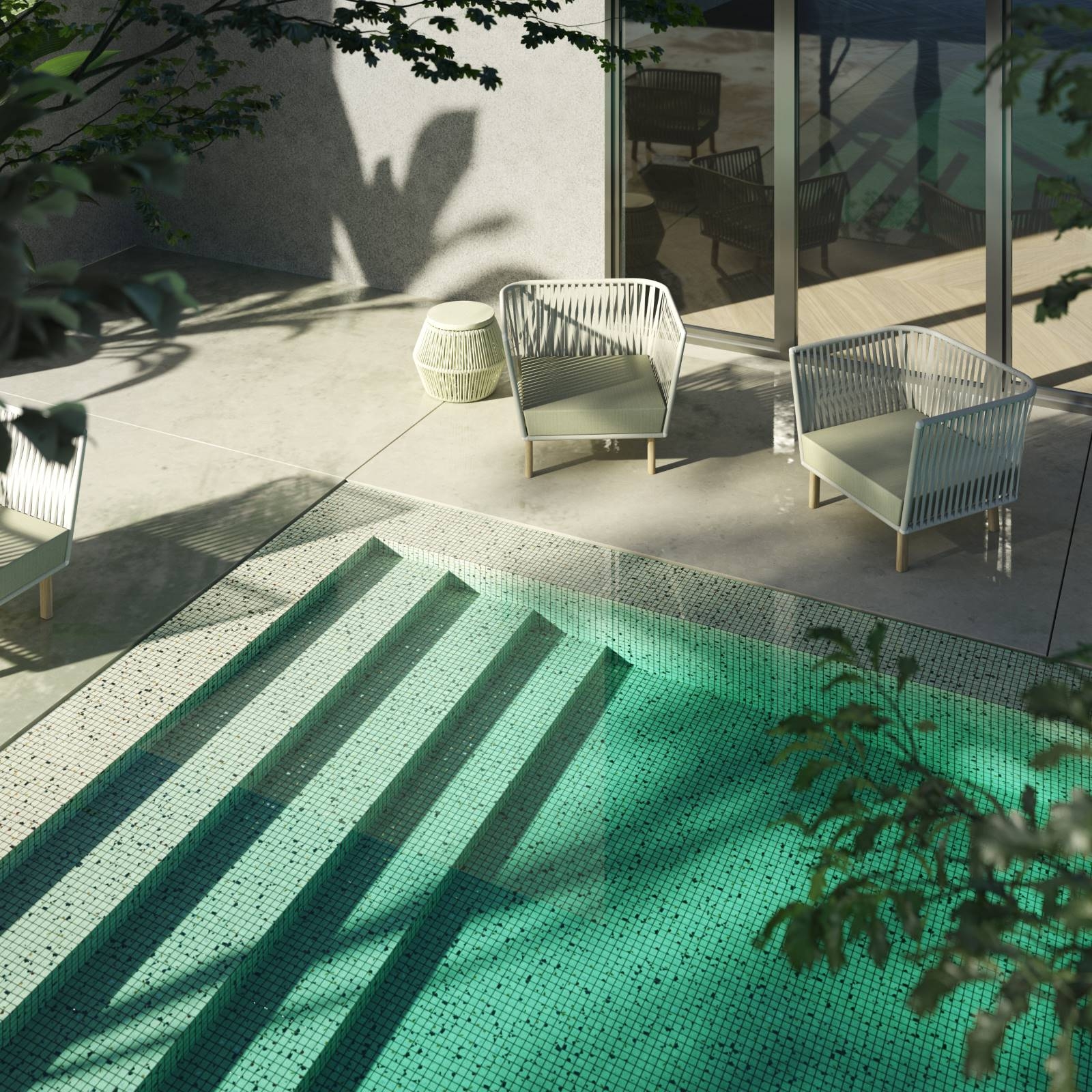 Terrazzo Balinese mozaikos plytelės baseinui – panaudojimo baseine pavyzdys