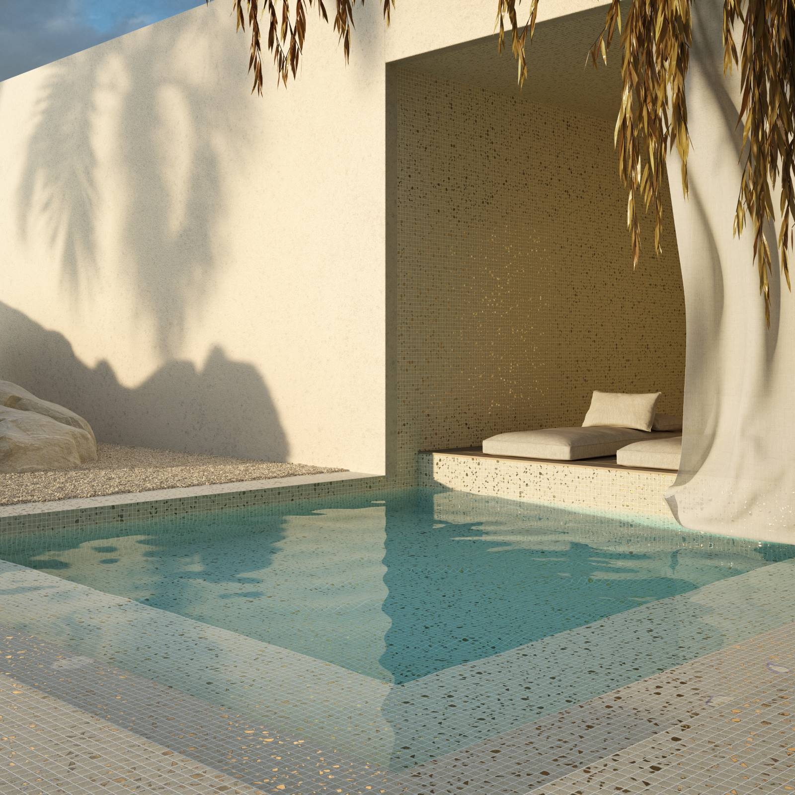 Terrazzo Clay mozaikos plytelės baseinui – panaudojimo baseine pavyzdys