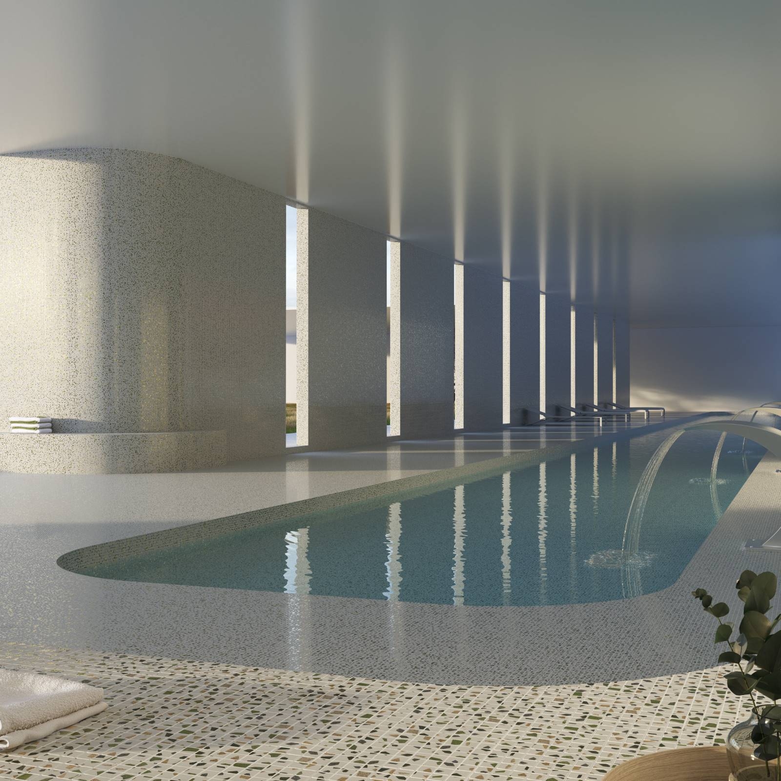 Terrazzo Greenery mozaikos plytelės baseinui – panaudojimo baseine pavyzdys