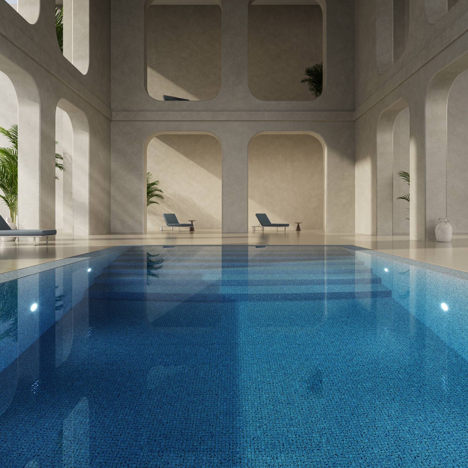 Terrazzo Sea mozaikos plytelės baseinui – panaudojimo baseine pavyzdys
